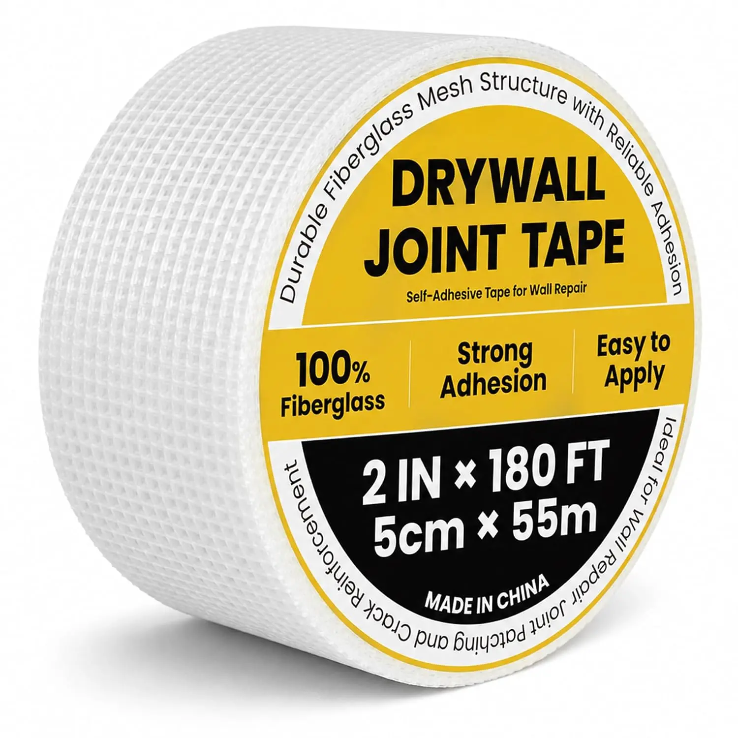 Drywall Tape 2 in x 180 Ft, Self-Adhesive Fiberglass Mesh Tape | 13 Mesh heavy-duty fiberglass reinforcement for  adhesion and reliable repairs  drywall seams, cracks, and holes.