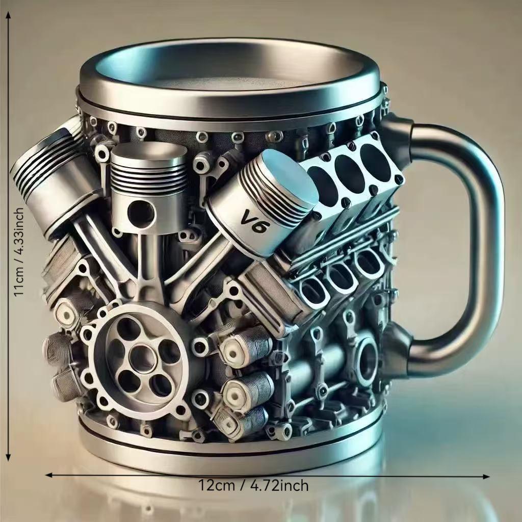 3D V6 Engine Shaped Coffee Mug, Novelty Mechanical Engine Design Cup, Food-grade Resin Car Enthusiast Gift, Realistic Piston Cylinder Texture Mug for Coffee Tea, Perfect for Home Office Garage Decor