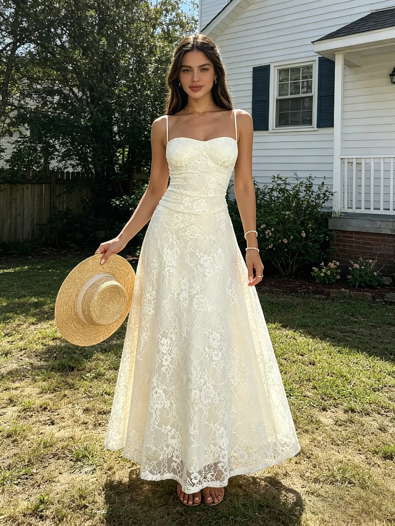 Women Floral Lace Spaghetti Strap Sleeveless Flared Flowy Maxi Dress, Elegant Feminine Slim Fit Square Neck Long Dress for Spring & Summer, Great for Daily Commute, Dates, Beach Vacations, Cocktail Parties & Bridesmaid Wedding Occasions