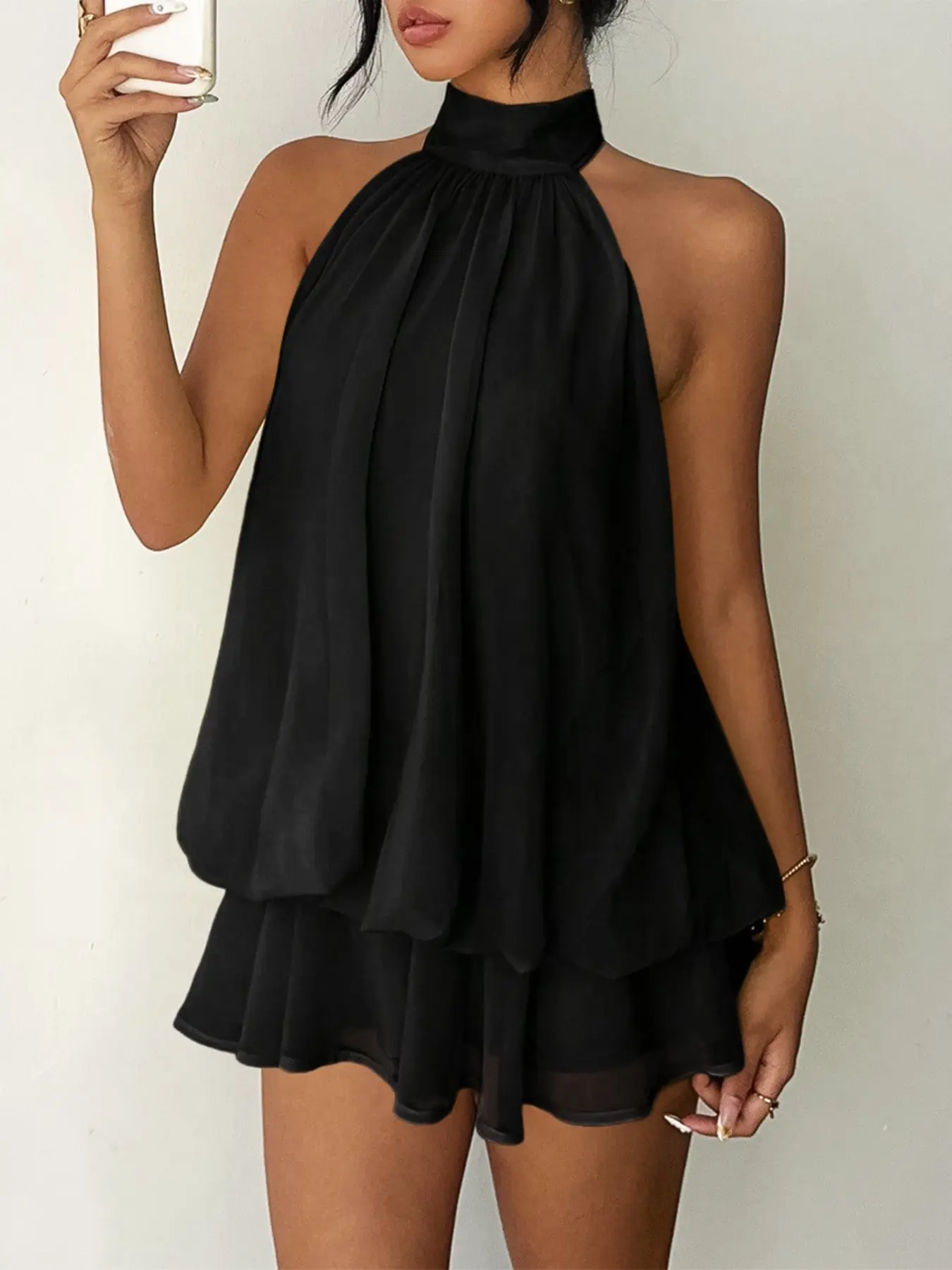 Chiffon Lightweight Halter Backless Mini Dress Women Sexy Solid Beach Wear Vacation Holiday Ruffles Summer Dress