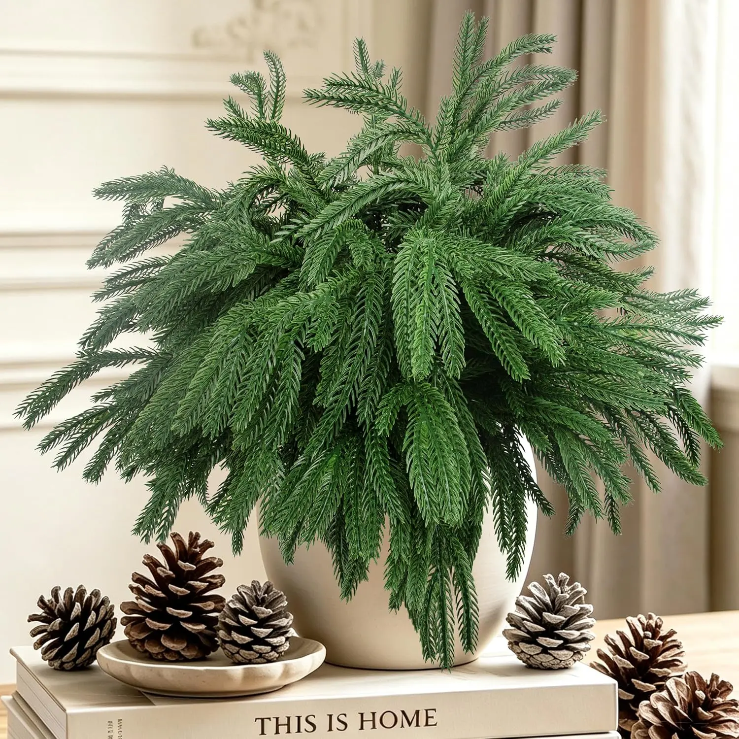 12 Pcs Artificial Norfolk Pine Branches, Norfolk Pine Artificial Pine Stems DIY Crafts Faux Christmas Greenary Norfolk Pine Branches for Xmas Wreath Garland Home Decor (12)