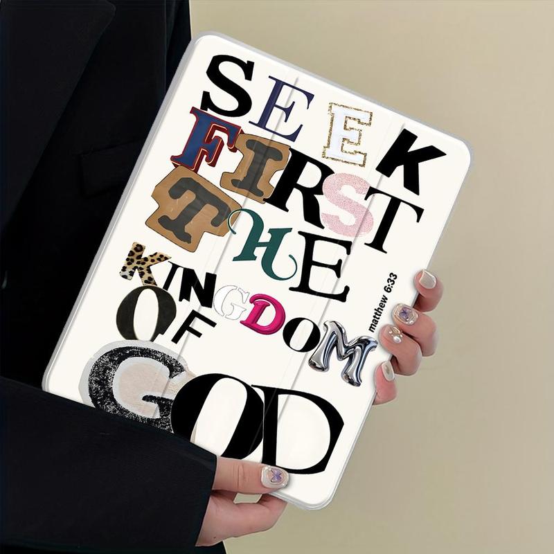 Vintage Stylish Seek First God's Kingdom iPad Folding Stand Case, Transparent Acrylic Hard Back with Pencil & Charger Slots, for iPad 10.2 inch 2019/2021, Mini, Pro, Air, Scratch-Resistant Ultra-Thin, Shockproof Full Protection Case, Tablet Accessories
