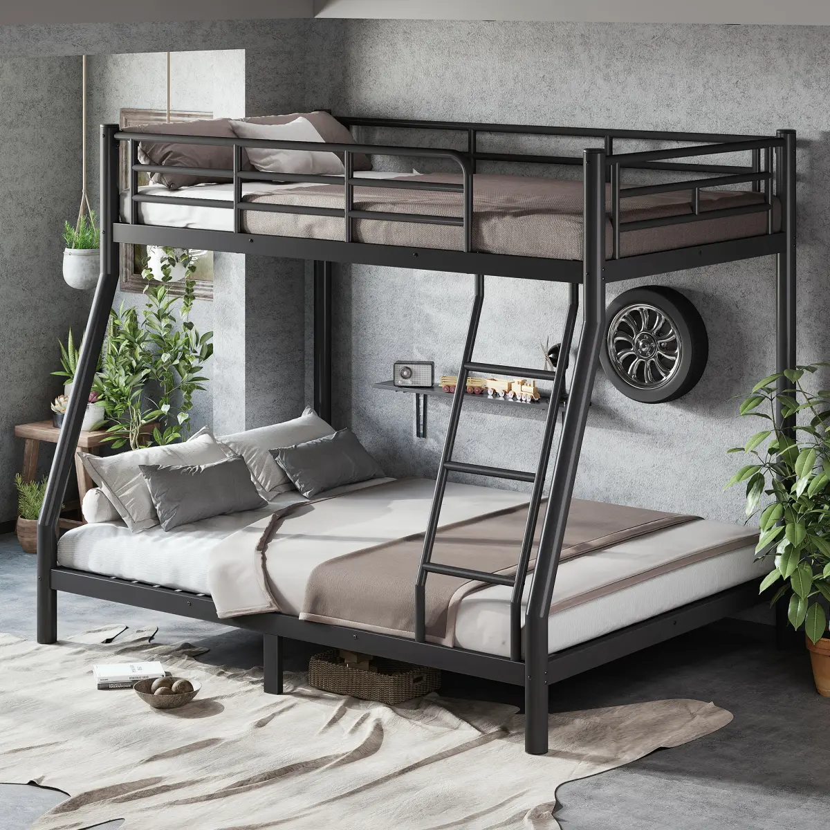 Black Round Tube Metal Twin-over-Full Circular Bunk Bed - Space-Saving, Noise-Reduced Indoor Bedroom Furniture for Teens, No Box Spring Needed, Modern Design, Metal Bed Frames