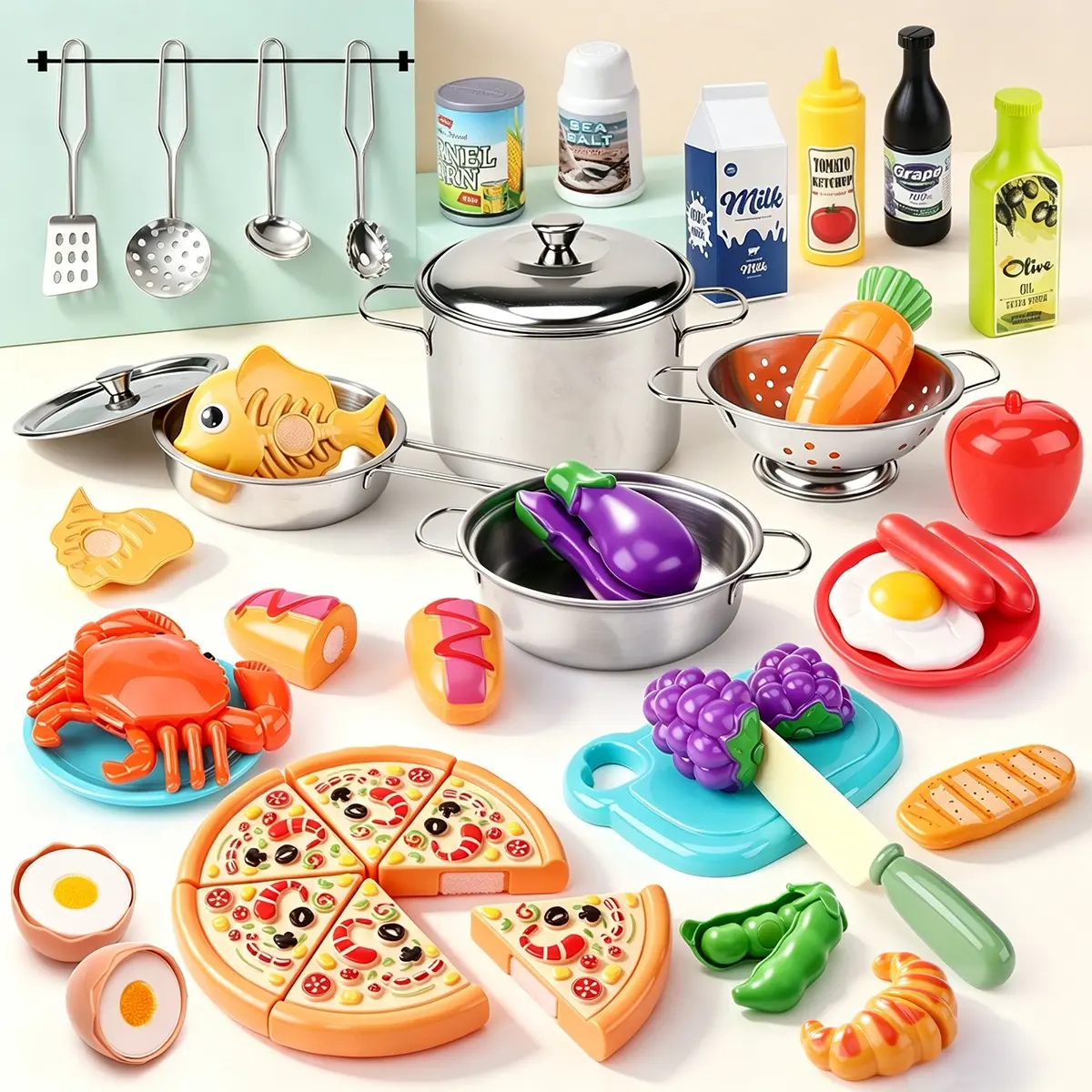 Simulation Pretend Kitchen Playset, Food-Grade Stainless Steel Cutlery, Magnetic Fruit Veggie Seafood Pizza Cutter Toy, Parent-Child Role Play Gift Box