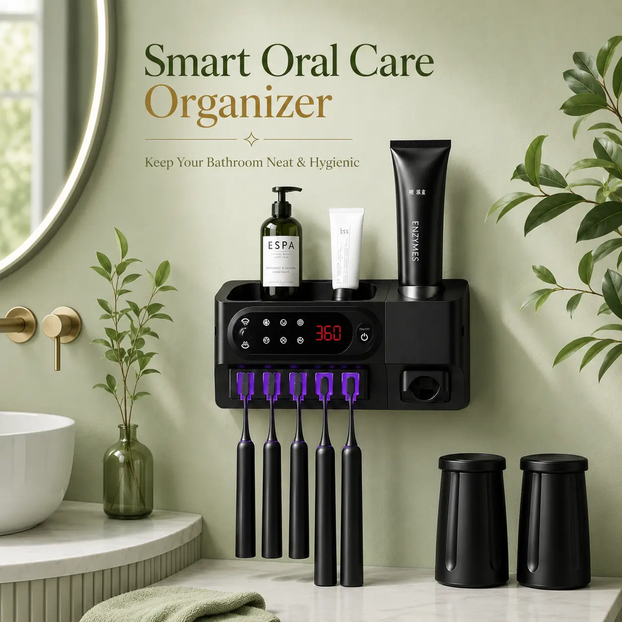 Multifunctional Wall-Mounted Smart Toothbrush Holder Bathroom Accessory - 5-Slot Toothbrush Storage, Automatic Toothpaste Dispenser, USB-Rechargeable Magnetic Cups, Fast-Drying, No-Drill Installation, Space-Saving Organizer for Modern Bathrooms,P,Portable