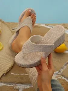 Hemp Texture Wedge Sandals, Breathable Hemp Thick Sole, Beach Vacation Open Toe Flip Flops, Comfortable Summer Footwear