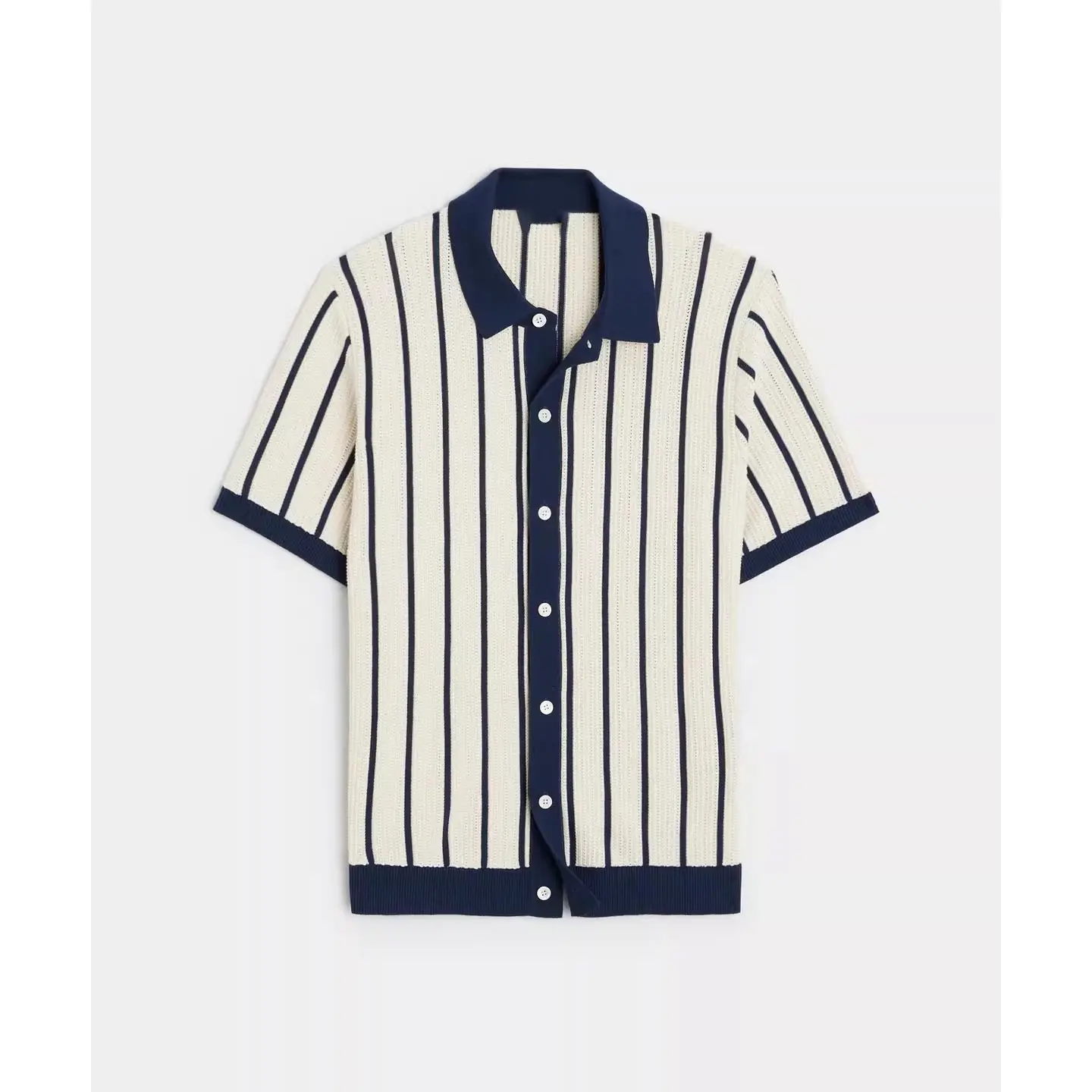 Vertical striped knit short sleeve polo shirt with contrast lapel collar and full button placket, lightweight breathable ribbed knit slim tailored silhouette retro resort top staple for sophisticated casual modern mensfashion styling