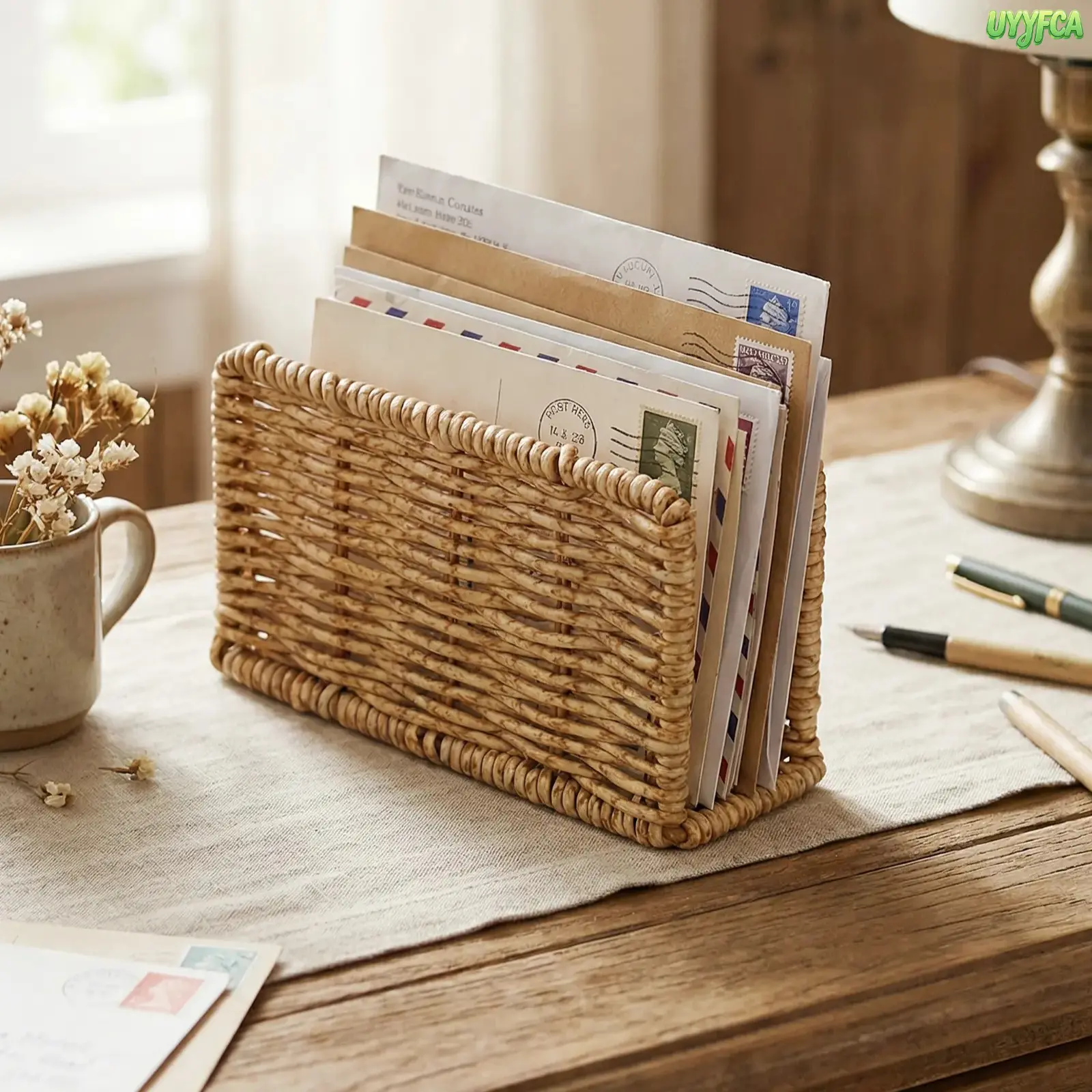 Imitation Rattan Woven Mail Organizer - Waterproof Durable PP Document Holder, Farmhouse Countertop Letter Sorter Rack for Envelopes Bills Receipts Business Cards, Rustic Decoration for Home Office Storage, Boho Knotless Braids, Kitchen