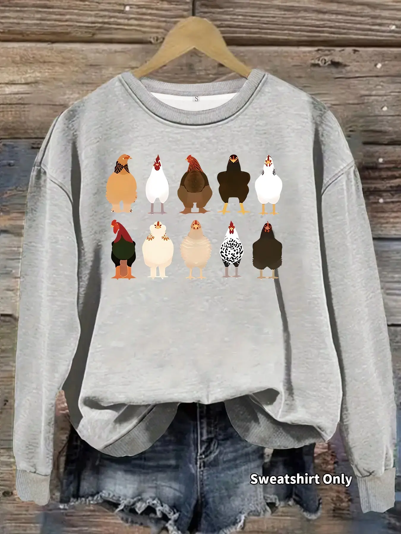 Women's Thanksgiving Chicken Print Round Neck Fleece Sweatshirt, Casual Long Sleeve Loose Fit, All-Season Comfort