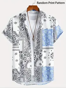Men's Ethnic Pattern Short Sleeve Shirt, Casual Style Shirt, Boho Casual printed Floral Print Open Front Top for Summer, Fashion Men's Clothes for Daily Wear, Bohemian Casual Wear