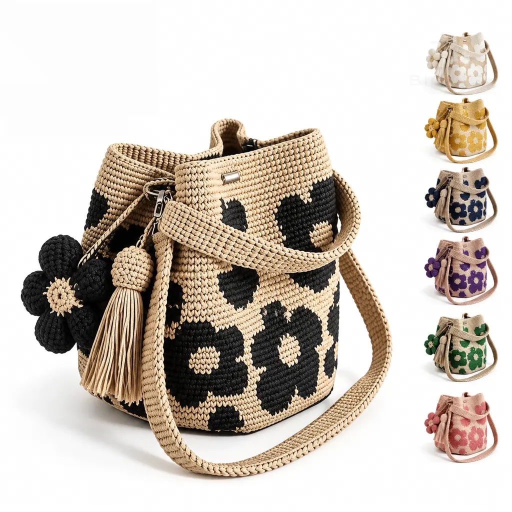 Medium Crochet Flower Tote Bag, Polyester Woven Bucket Shoulder Bag with Magnetic Snap, Two Straps for Women, Daily Outfits, Travel, Beach, Work, Floral Crossbody Purse