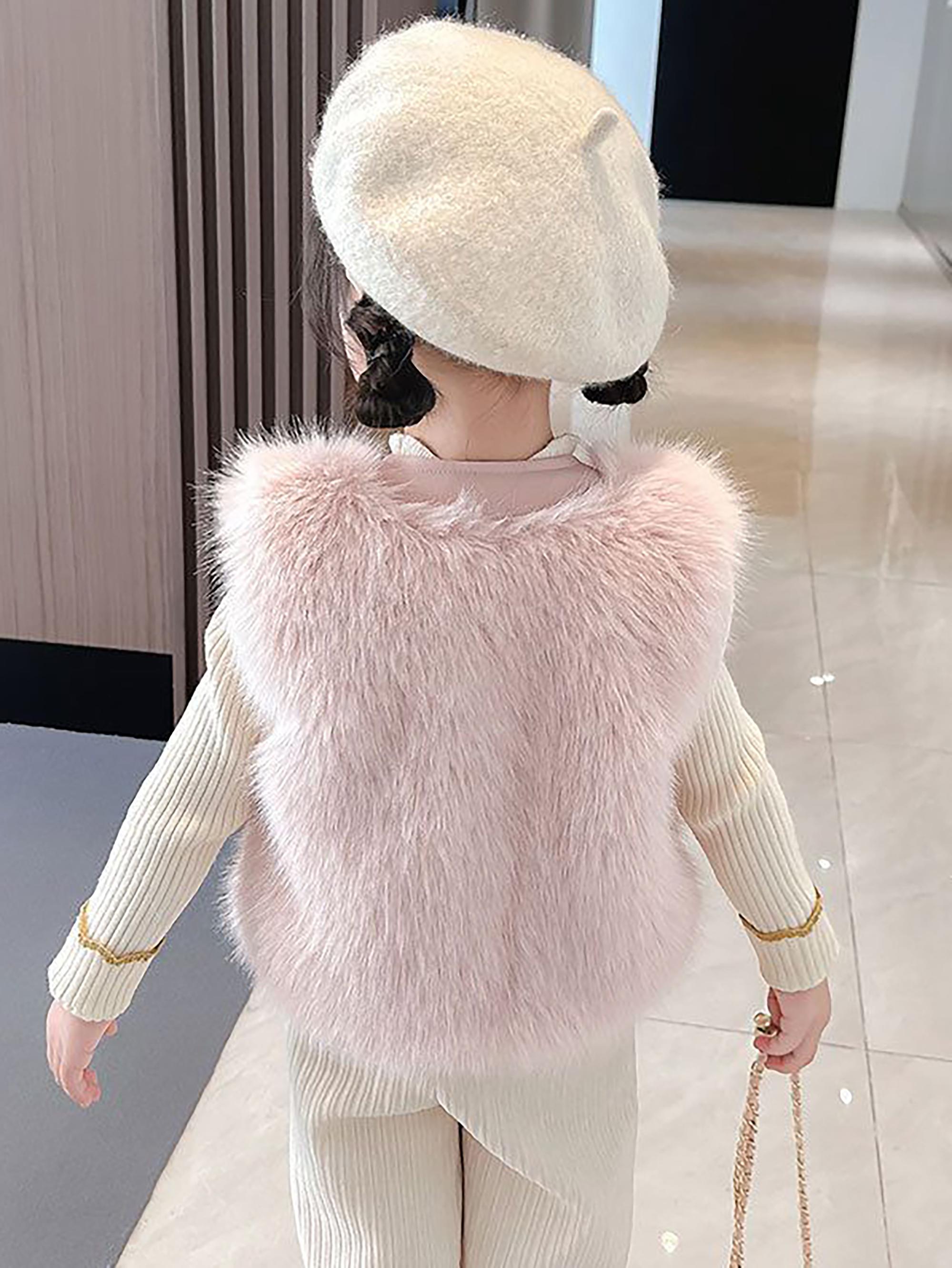 Girls' Thickened Winter Vest Jacket - Soft Pink Plush & Zipper Closure, Cozy Polyester Sleeveless Coat with Ruffled Collar & Waist Tie, Casual Elegant Outerwear for & Little Girls (Spring/Autumn) - Easy-Care Durable Design