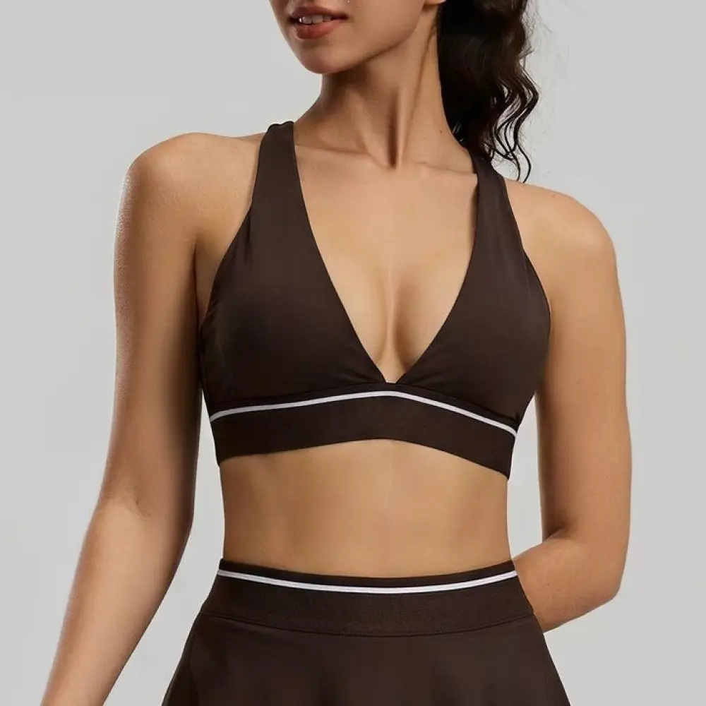 Women's Elastane Plain Criss Cross Back Thin-Strap V-Neck Colorblock Sports Bra with Removable Pads for Yoga, Gym (Female-Focused), 17.5% Spandex, Classic Crop, Flattering V-Neck Design, Plus Size, Crop Length
