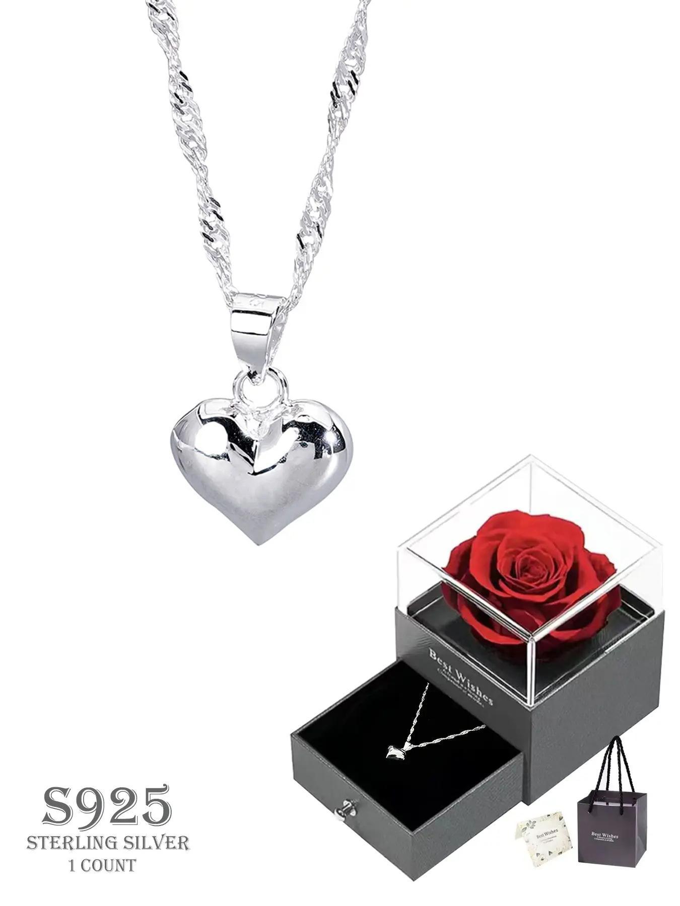 S925 Sterling Silver Heart Shaped Pendant Necklace for Women, Heart Design Necklace, Adjustable Necklace for Gift with Box, Elegant Jewelry for Daily Decor