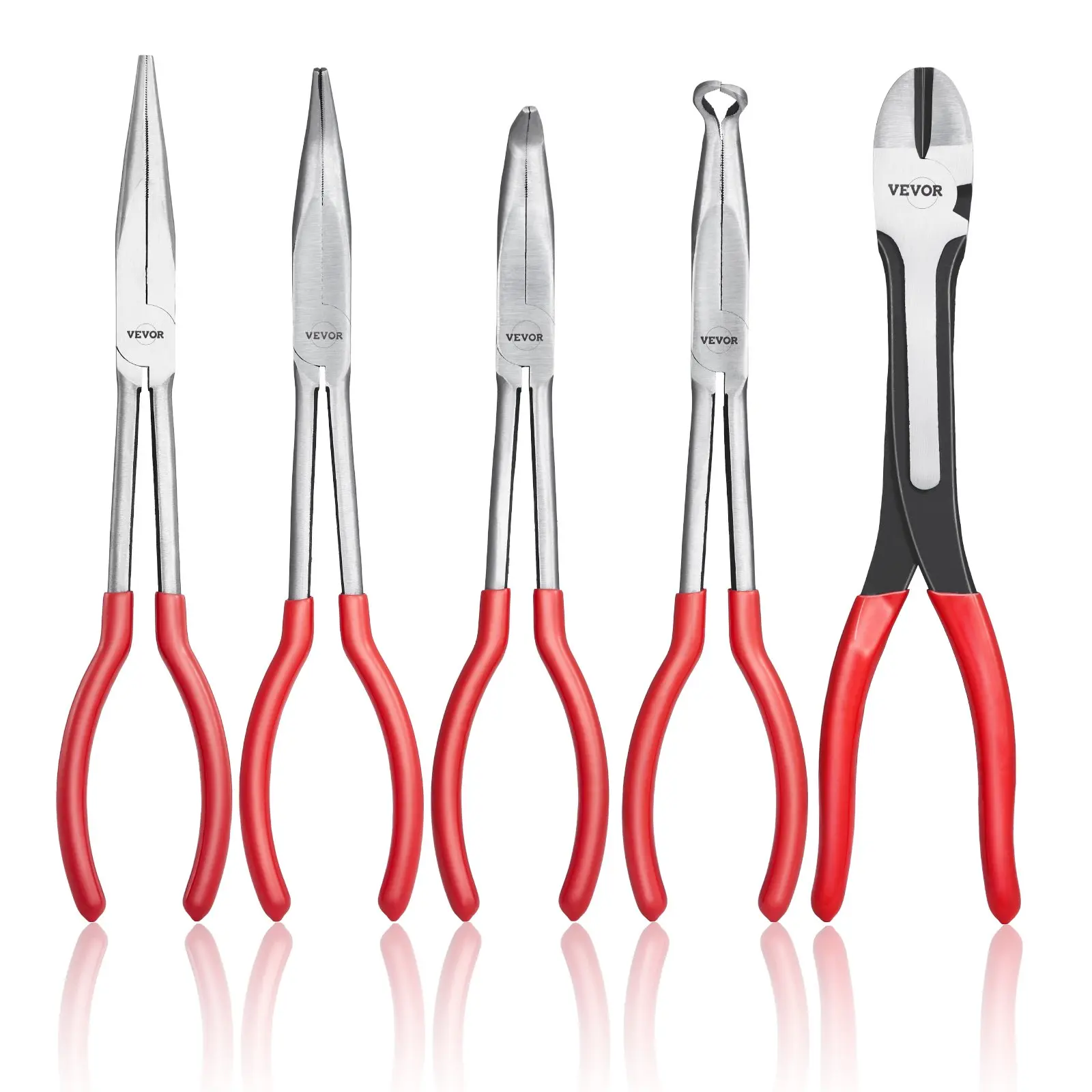 【Summerfinds】VEVOR 5-Piece Needle Nose Pliers, 11 in Long Needle Nose Pliers Set, Diagonal Cutting Pliers, 45/ 90 Bent Nose Plier, Round Nose Plier, Long Nose Plier, Professional Pliers Set with Storage Bag