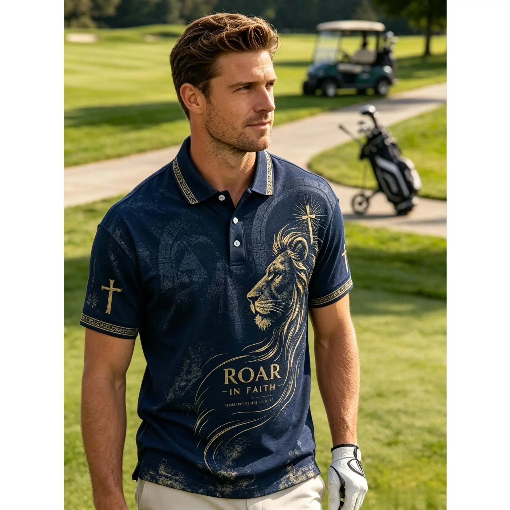 Men's navy blue lion cross faith roaring pattern golf polo shirt, lapel short-sleeve sports casual top, suitable for golf training