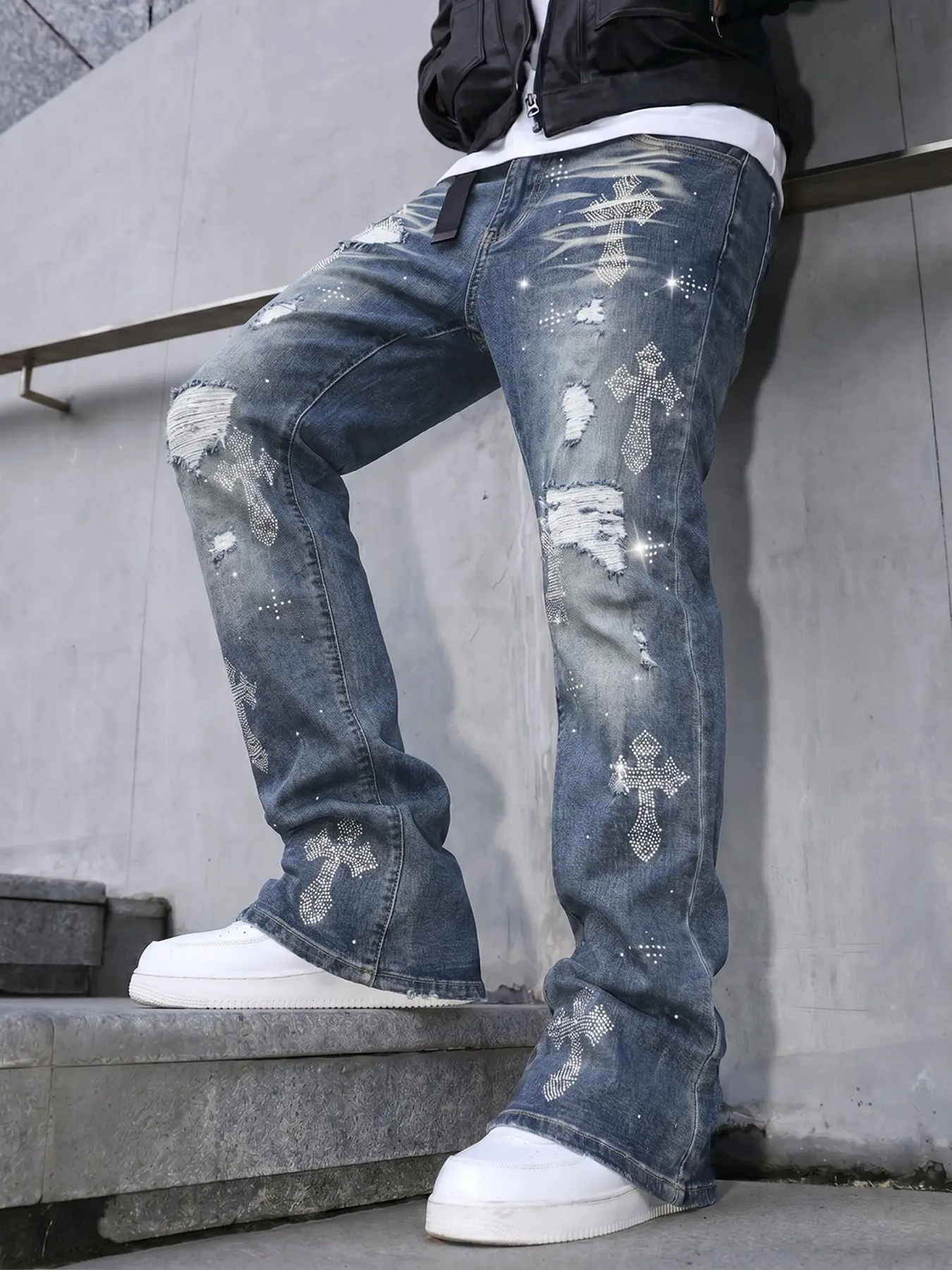 American Cross Rhinestone Ripped Micro-Flare Jeans, Light Blue Distressed Wide-Leg Unisex Heavyweight Denim Pants, Street Style