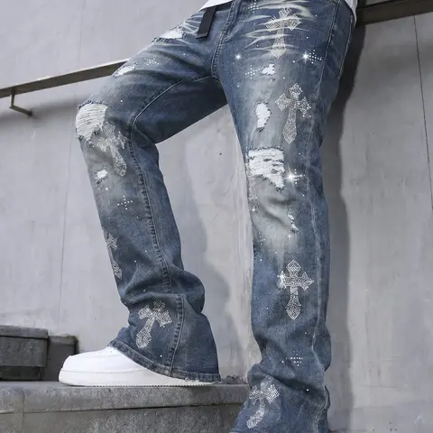 American Cross Rhinestone Ripped Micro-Flare Flared Leg Jeans, Light Blue Distressed Wide-Leg Unisex Heavyweight Denim Pants, Street Style