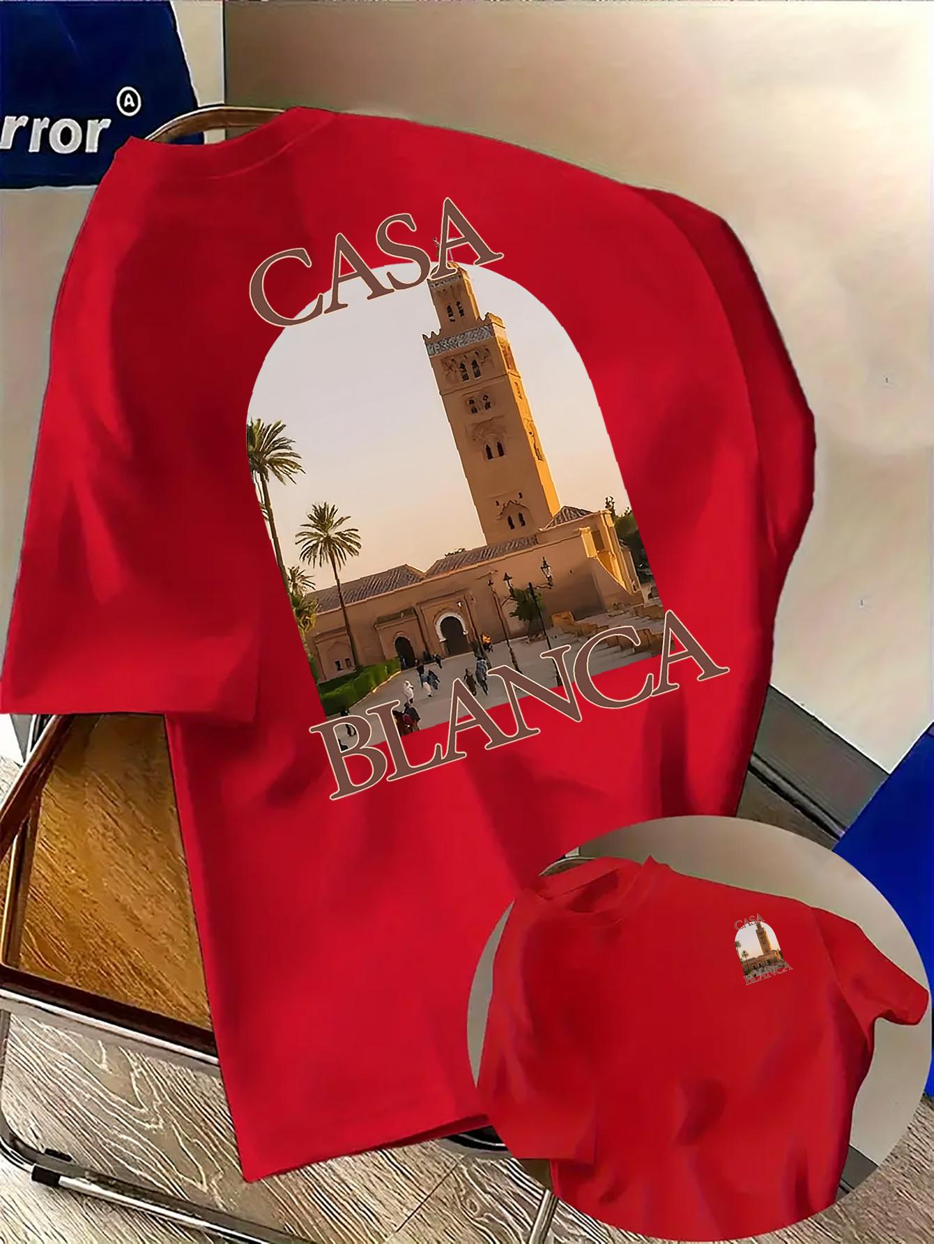 Men's Fashion Casablanca Print T-Shirt - Simple Casual Round Neck Short Sleeve Tee, Machine Washable Summer Clothing, Suitable for Summer and Year-Round Wear, Ideal for Daily Casual, Home, and Outdoor Use