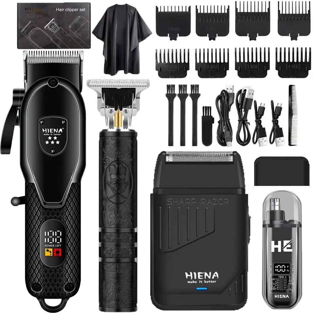 HIENA Professional 4Pcs Hair Clipper Set LED Display Hair Cutter, Carving Detail Trimmer, Beard & Nose Trimmer, Home Salon Grooming Kit, Ideal Birthday Holiday Gift for Boyfriend Men