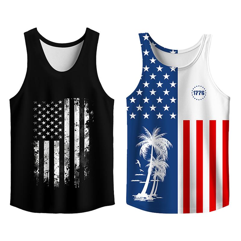 Stylish 2 Pack USA Flag Print Tank Top, Summer Men Clothes Slim Fit Apparel, Trendy T-shirts Big and Tall Gym Workout Running Tee, Comfy Casual Sleeveless
