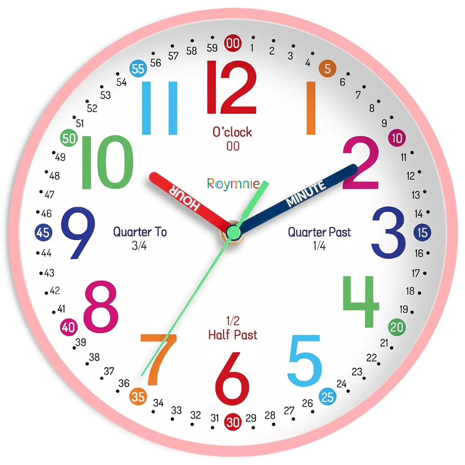 New Wall Clock 8 Inch For Kids Learning To Tell Time Easily Non Ticking Battery Operated Kids Teaching Clock Silent Colorful Teaching Time Clock Decorative For Kids Room Classroom School (Pink)
