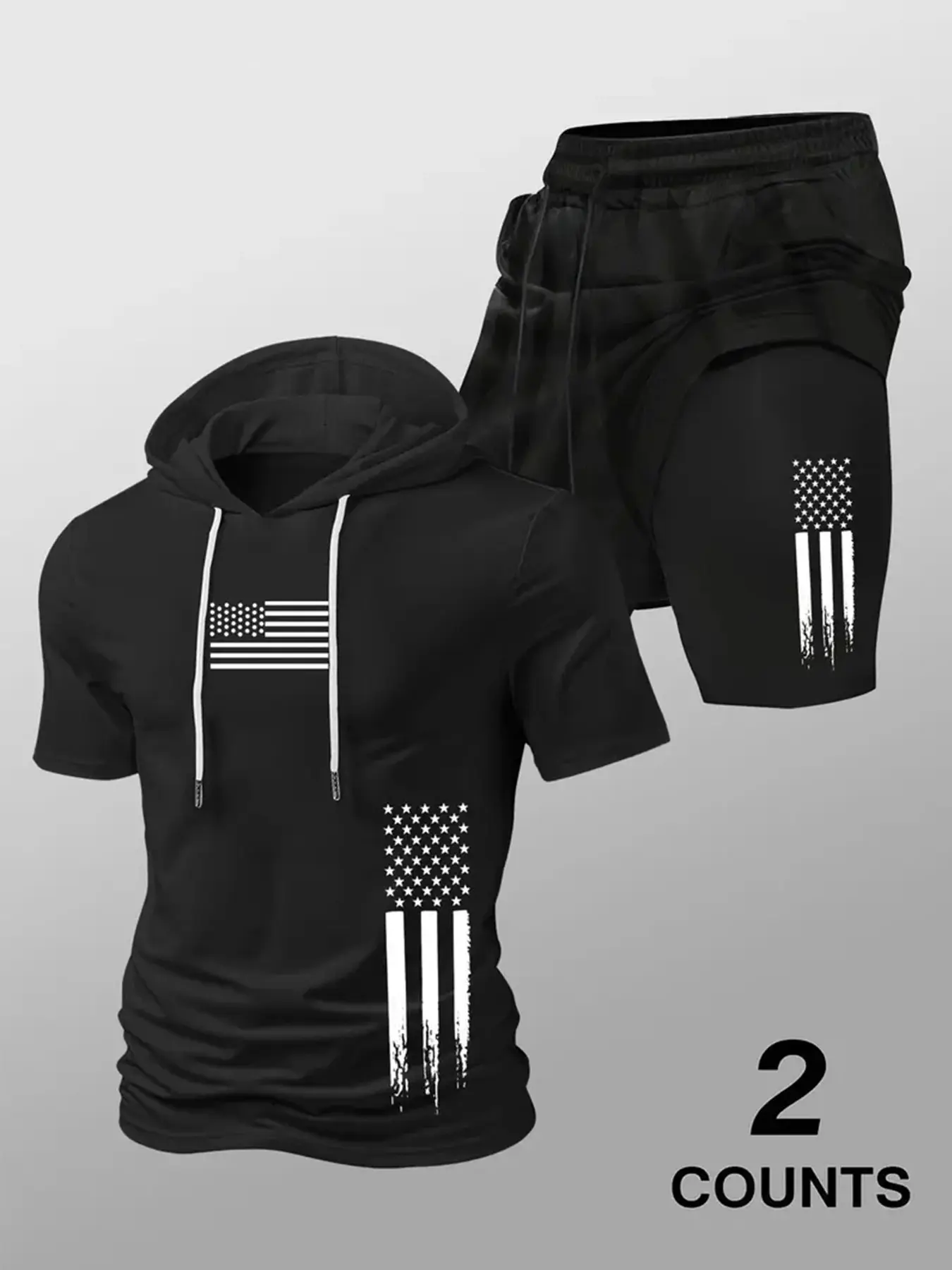 Men's Vintage American Printed 2-Piece Set, Muscle Slim Fit Short-Sleeve Hoodie + Double-Liner Athletic Shorts, Versatile One Outfit Multiple Wears for All-Round Styling. Ideal Summer Trendy Activewear Suitable for Gym Weightlifting, Morning Jogging Train