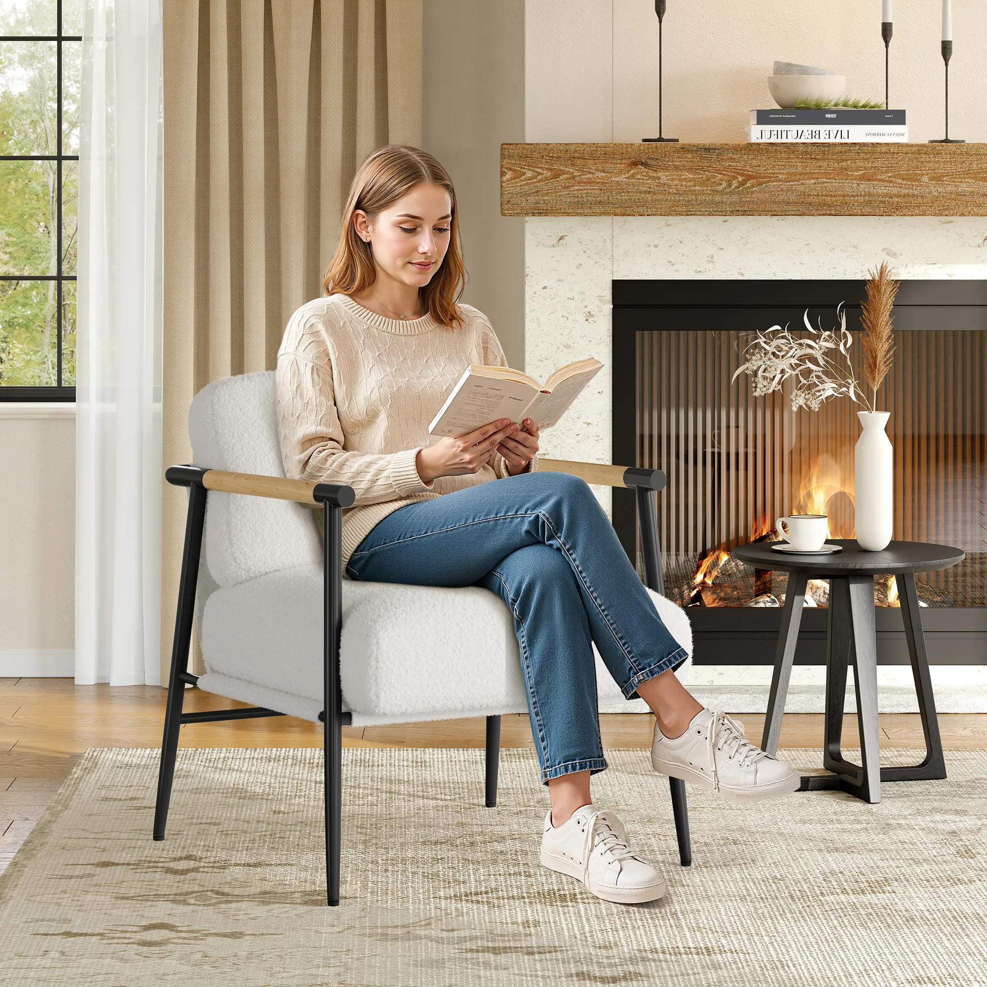 Modern Accent Chair with Plush Cushion – Cozy Reading Chair with Wooden Armrests & Sturdy Metal Frame, Compact Armchair for Living Room, Bedroom, Small Apartments