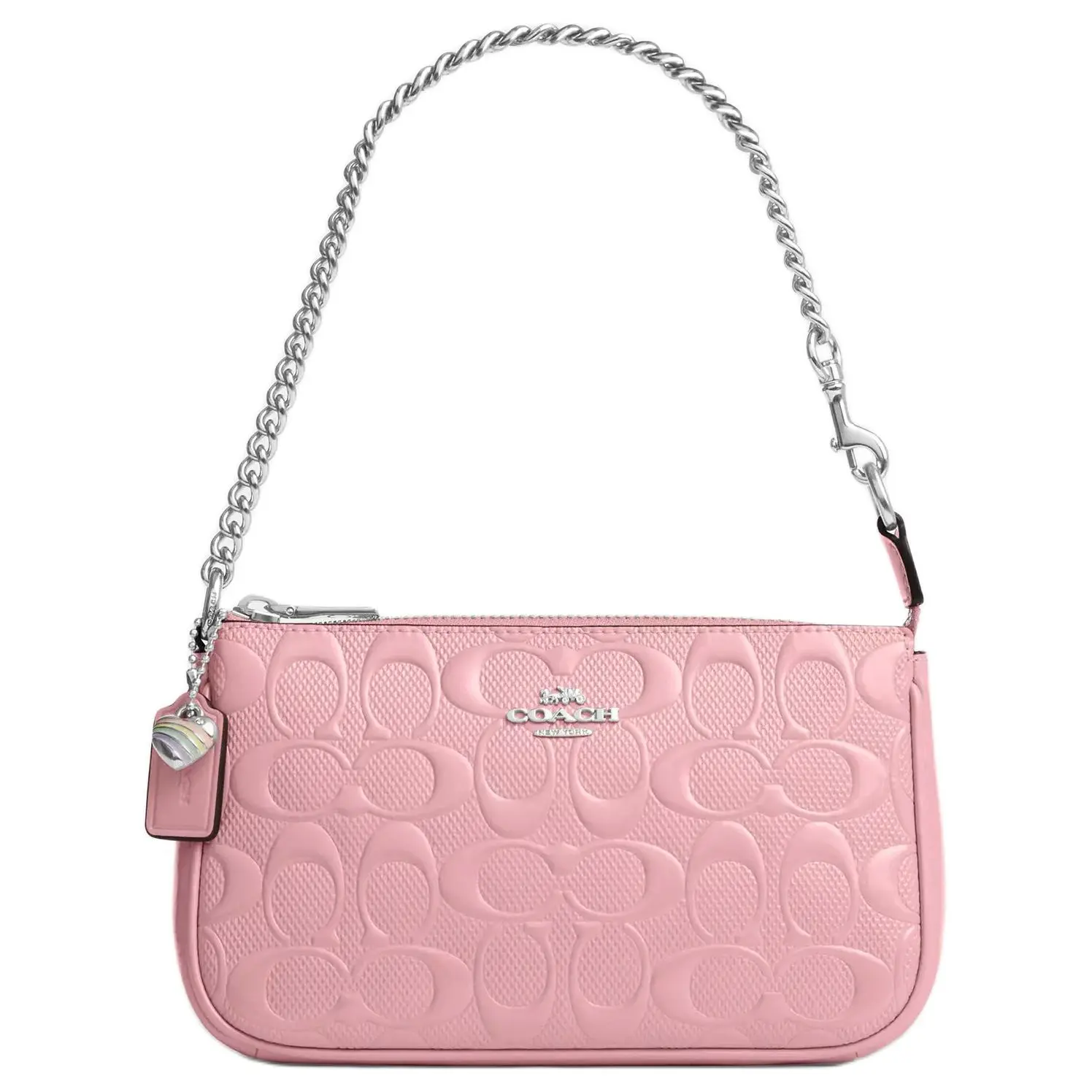 Coach Nolita 19 Heart Pendant Zip-Top Clutch Bag for Women, Pearlized Patent Leather, Small Size, Pink Coach Nolita 19 Heart Pendant Zip-Top Clutch Bag for Women, Pearlized Patent Leather, Small Size, Pink