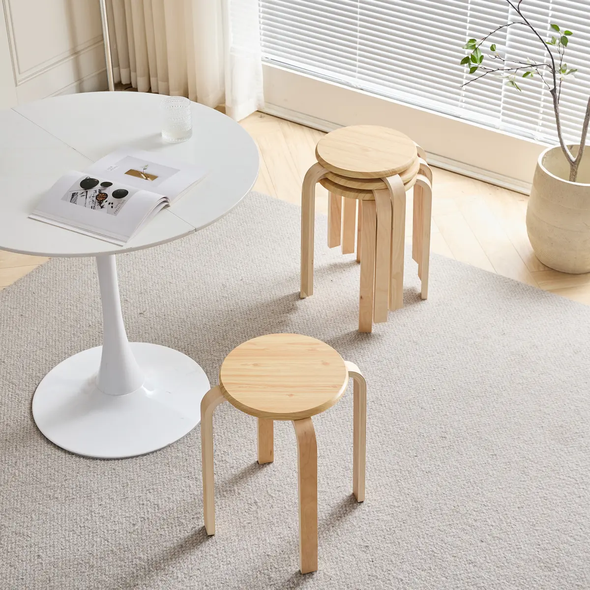 Set of 4 Stackable Stools, Stackable Bentwood Stools, Round Backless Chairs for Dining Room, Kitchen, Classroom