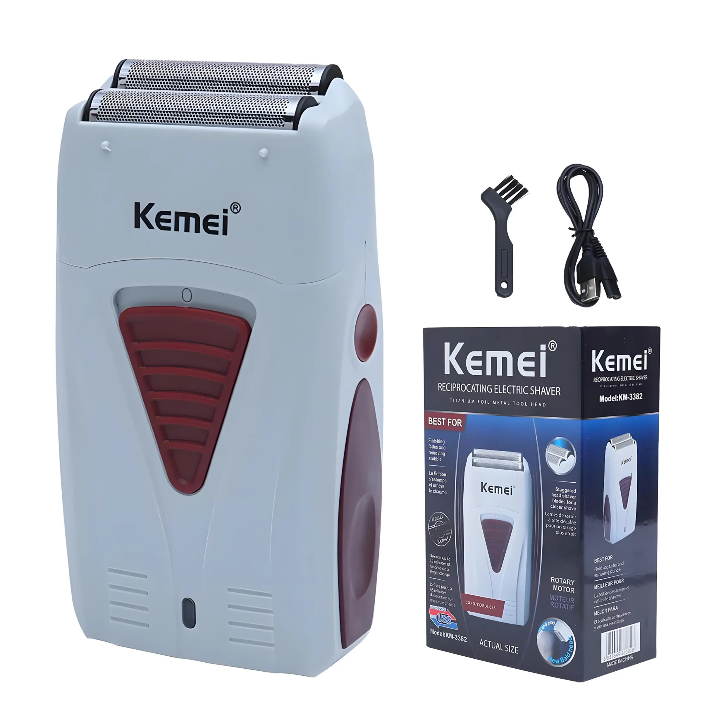 Kemei KM-3382 Rechargeable Cordless Shaver for Men, Twin Blade Reciprocating Beard Razor, Beard Trimmer Shaver, Face Care Greasy Barber Scissors