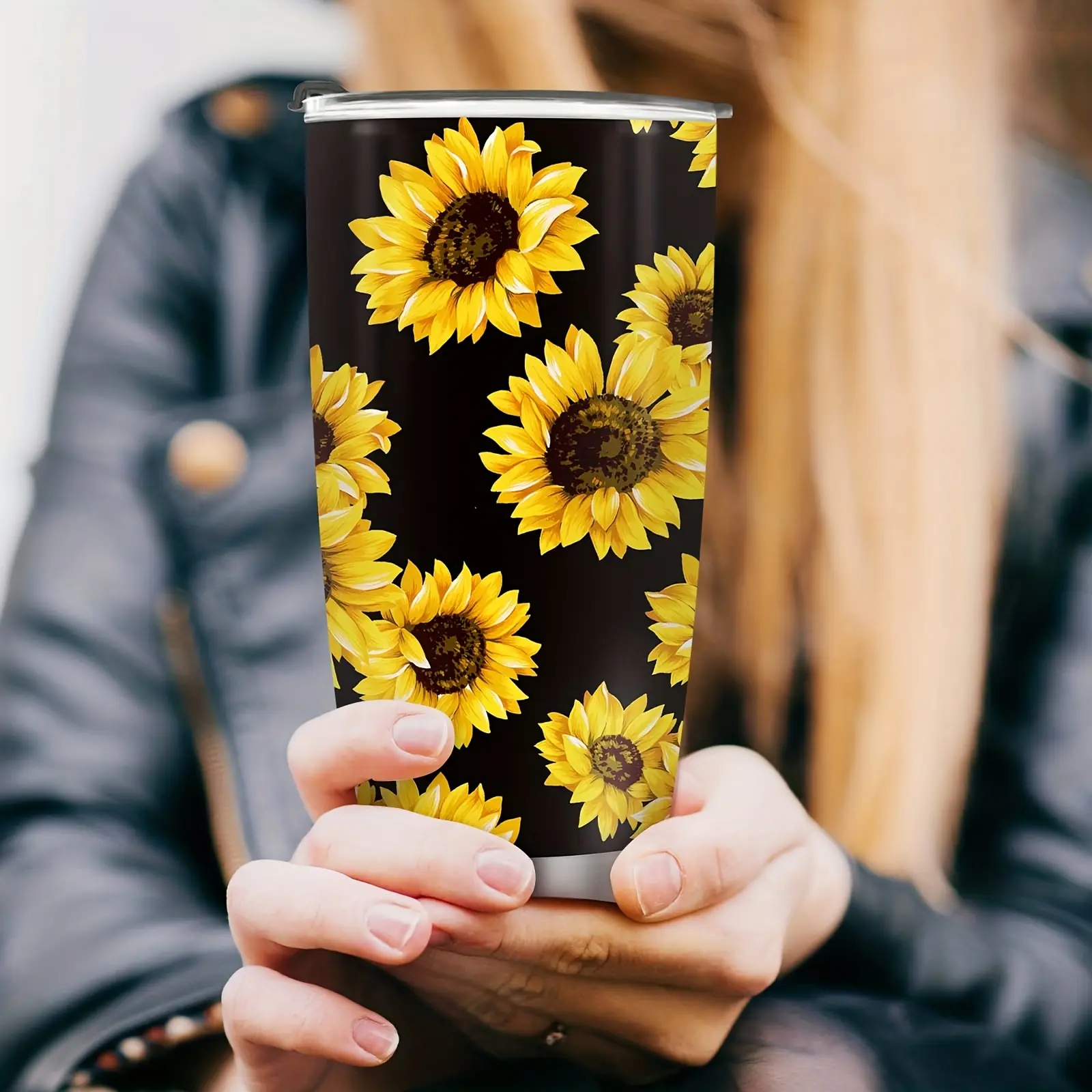A Jacinto Ladies Sunflower Accompanying Cup 20 oz Double Vacuum Stainless Steel Coffee Cup with Lid, Sunflower Pattern Cup for Travel, Office, Camping, Ideal Gift for Coffee and Tea Lovers