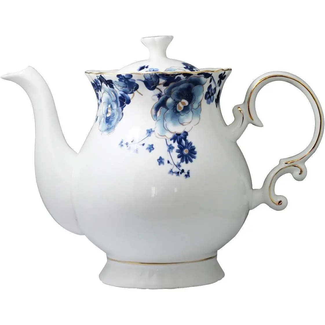 European Style Ceramic Flower Teapot Coffee Pot Water Pot Porcelain Gift Large 5.5 Cups (1, Blue and White)
