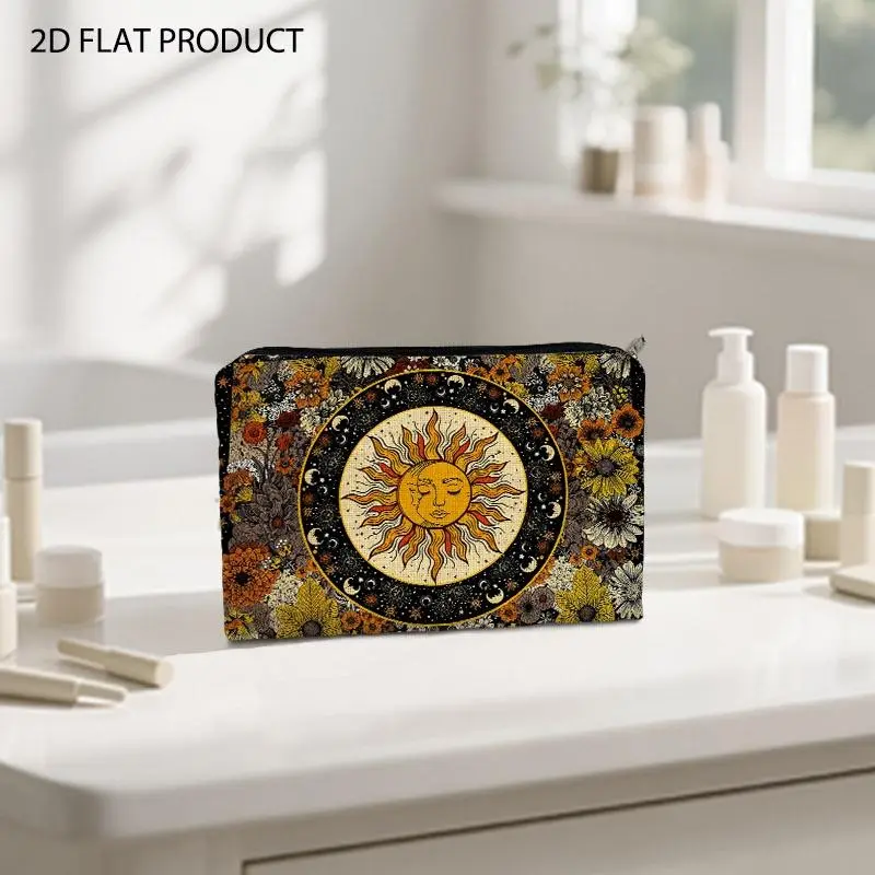 Bohemian Celestial Floral Print Makeup Bag, Stylized Smiling Sun Surrounded by Moon Star Autumn Daisy Sunflower Patterns, 5.9*8.66inch Double-sided Cosmetic Pouch, Ideal for Storing Beauty Essentials for Daily Travel & Outdoor Use