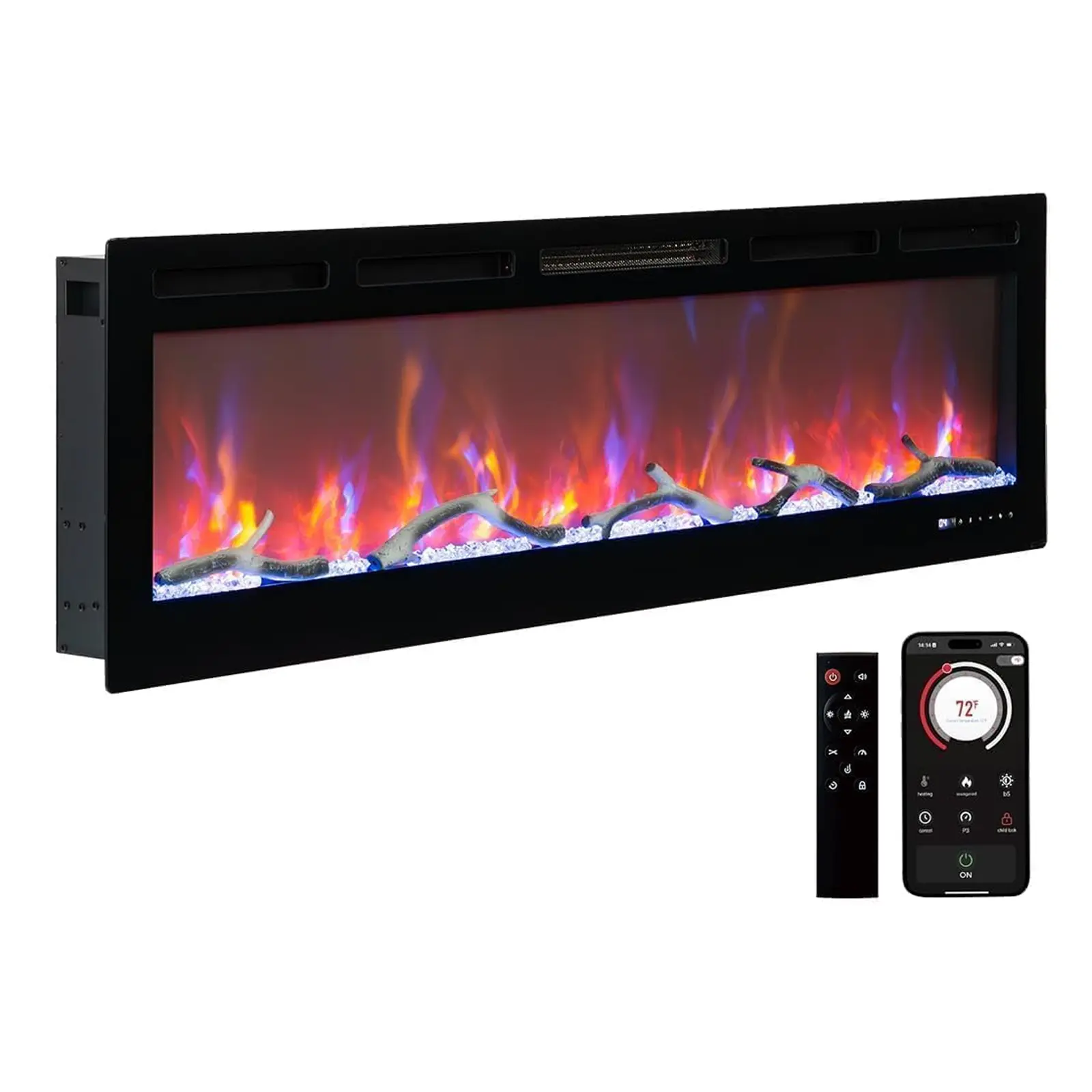 Gaomon 80 in In-Wall Electric Fireplace Heater - Smart Recessed/Wall-Mounted, WiFi Control, Dual 750/1500W Heating, Adjustable Flame Colors, Touch Screen, Timer, Log & Crystal Decor