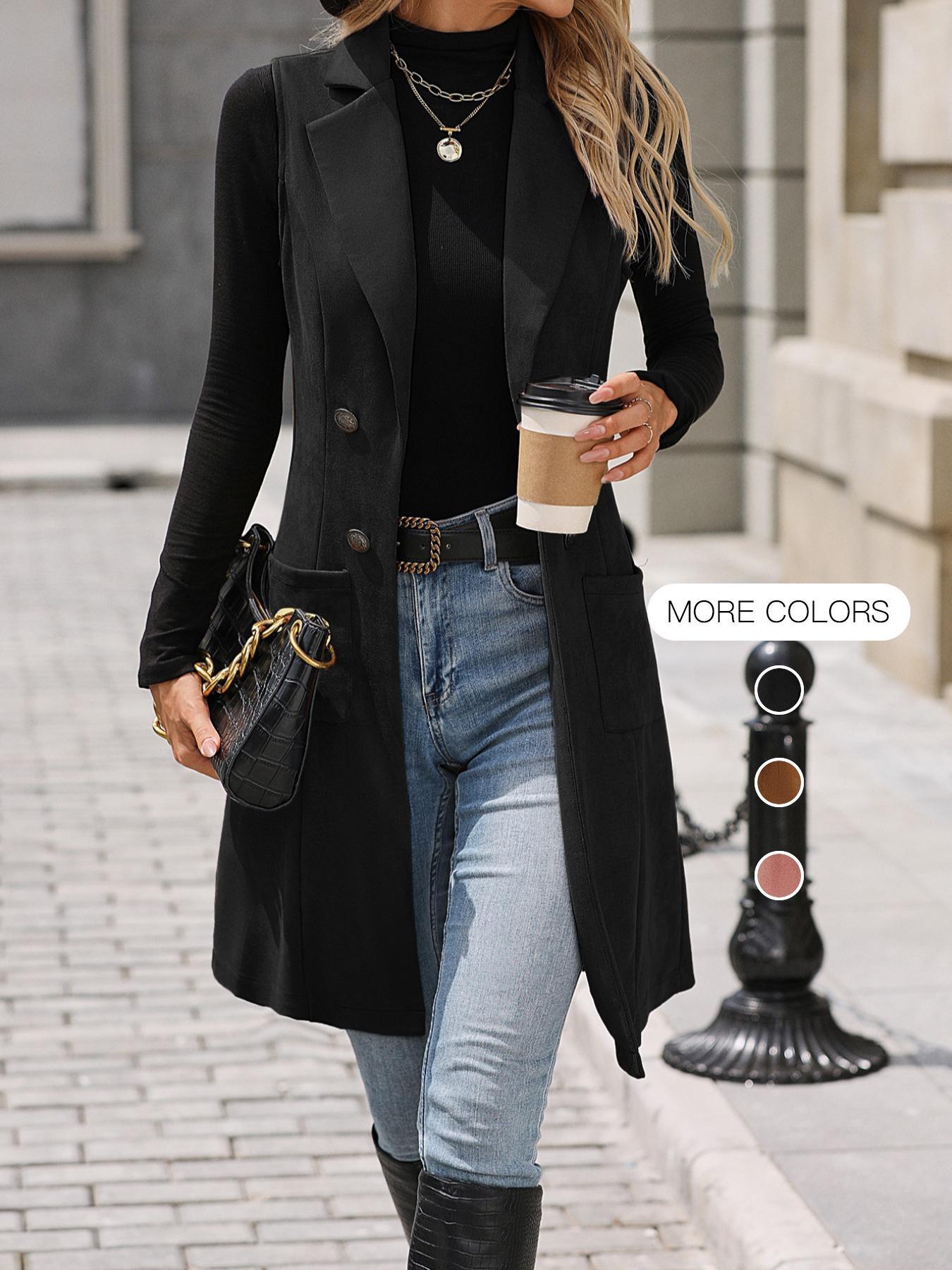 Women's Solid Button Decor Lapel Neck Suede Vest Blazer, Casual Sleeveless Pocket Open Front Longline Outerwear for Spring & Fall, Ladies' Clothes for Daily Wear