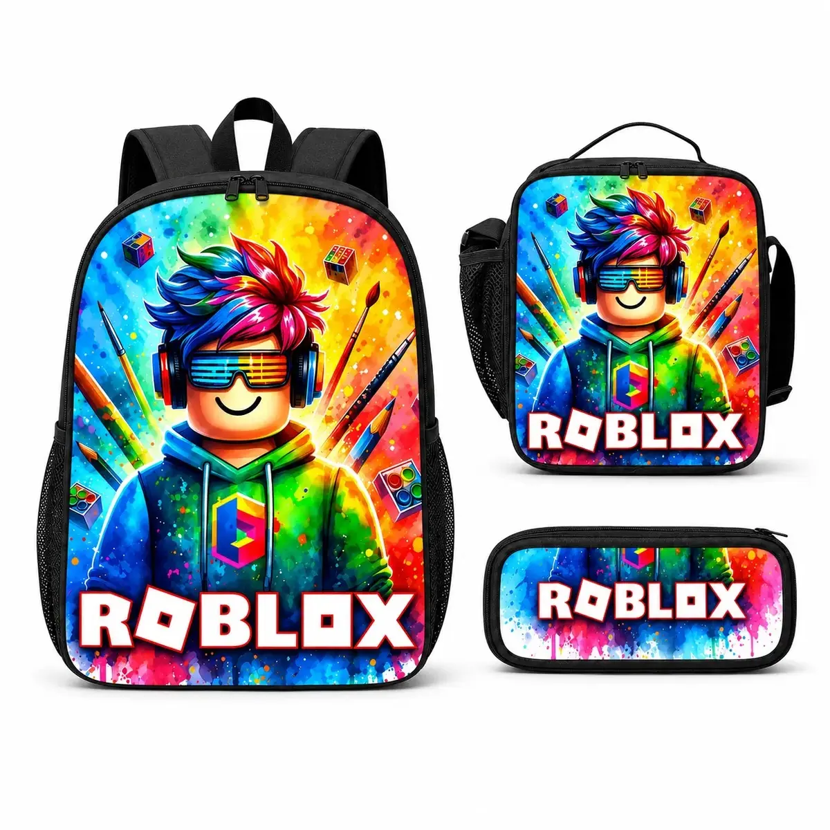 Roblox 3-piece school backpack set (includes lunch bag and pencil case), suitable for boys, girls, and teens; features a lightweight, high-capacity design with adjustable shoulder straps and a comfortable, breathable mesh back panel.