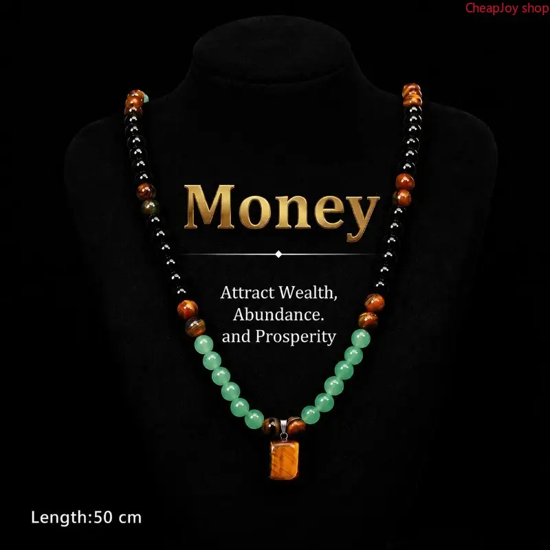 2pcs Money Attraction Necklace With GreenAventurine & Tiger Eye Pendant Healing Crystal Stone ,Anniversary, Vacation &Theme Parties Jewelry Charms Abundance Crystal bracelet,Long Chain,Sweater chain,Ideal Gift Jewelry for Men and Women