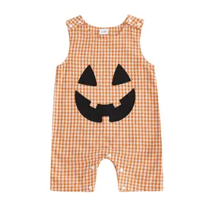 Baby Boy Halloween Romper Adorable Pumpkin/Ghost Face Embroidery Plaid Sleeveless Round Neck Jumpsuit