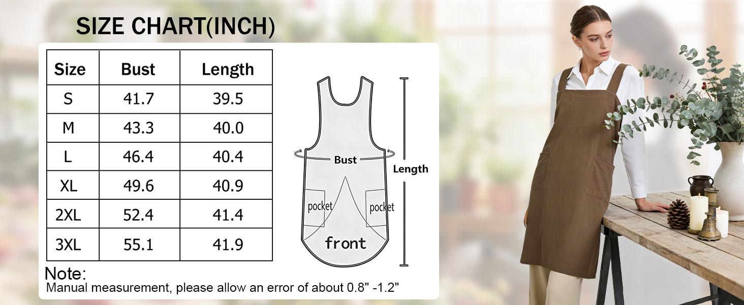 Women's Practical Cross Back Pinafore Apron with Large Pockets Home Kitchen,Restaurant,Coffee House,Cooking,Gardening clothes earthy