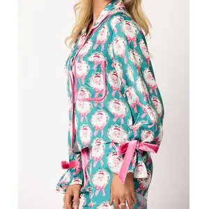 Women 2 Piece Christmas Pajamas Set Bow Tie Santa Claus Long Sleeve Button Shirts Wide Leg Pants Cute Pjs Sets Xmas Sleepwear