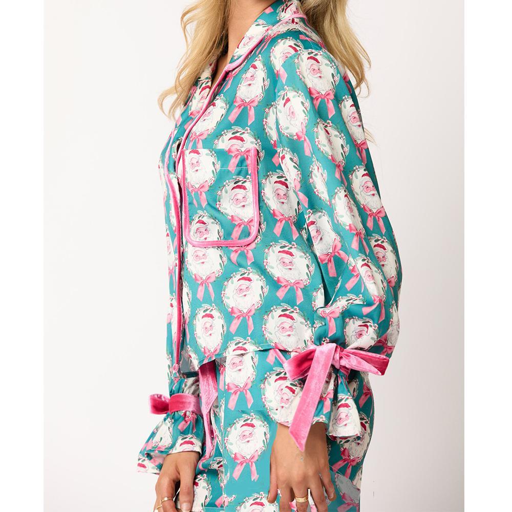 Women 2 Piece Christmas Pajamas Set Bow Tie Santa Claus Long Sleeve Button Shirts Wide Leg Pants Cute Pjs Sets Xmas Sleepwear