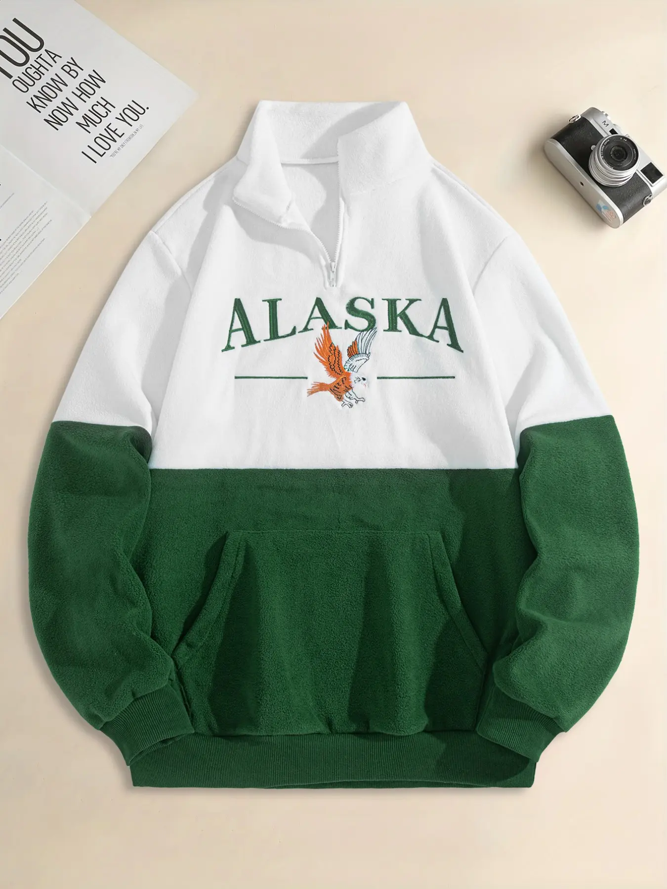 Fashionable Casual Polar Fleece Patchwork Embroidered Zipper Sweatshirt, Soft Comfortable Material, Ideal for Daily Wear and Outdoor Activities
