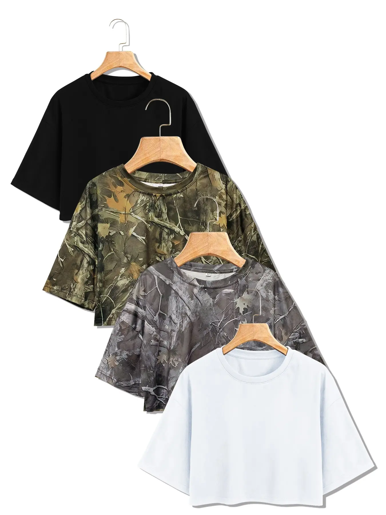 4packs Women Summer Camo & Solid Cropped Crew Neck T-Shirt, Loose Half Sleeve Vintage Streetwear Crop Top, Casual Plain Surface Design