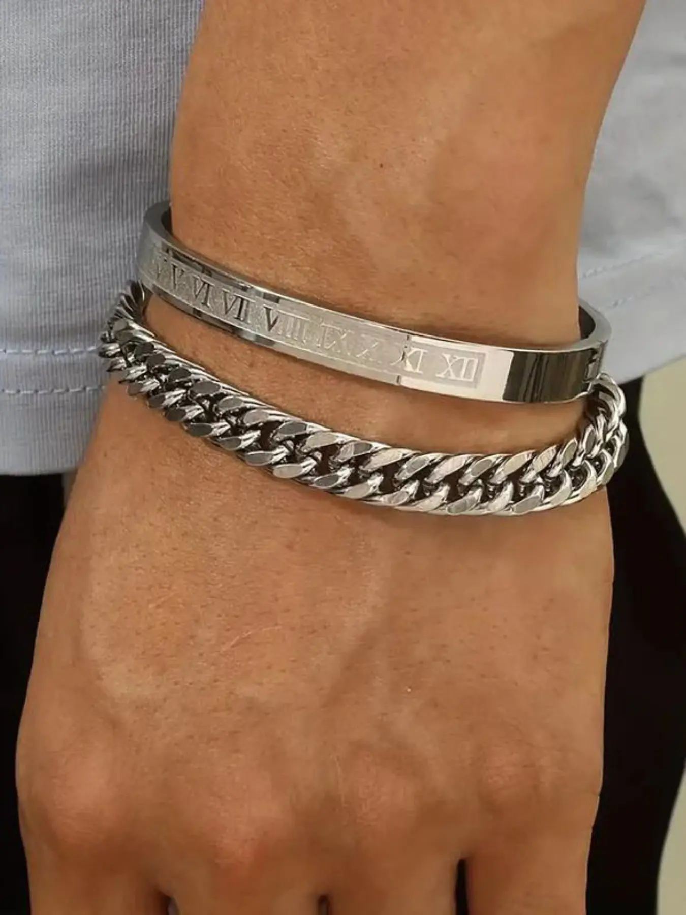 Men's Stainless Steel Cuban Link Bracelet Set, Roman Numeral Design, Casual Style, Perfect Gift for Boyfriend or Dad, All Seasons Wear