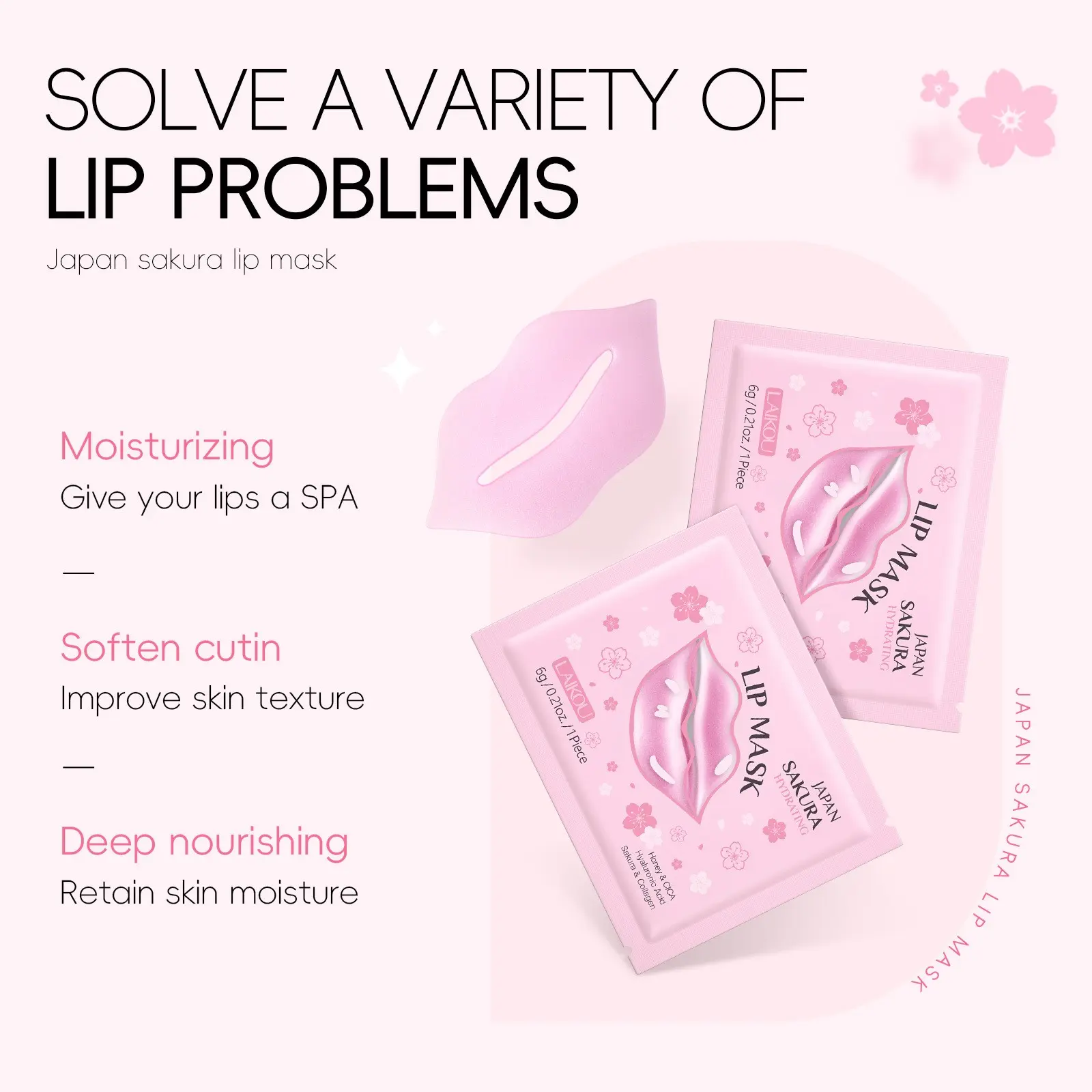 Cherry Blossom Soothing Moisturizing Lip Mask Sheets 6g/pack, Home Hydrating Spa, Smooths Dry Peeling, Refreshing Hydration, Soft Lips Soothes dry, cracked lips and gently smooths fine lines. Wake up with plump, silky-smooth lips.