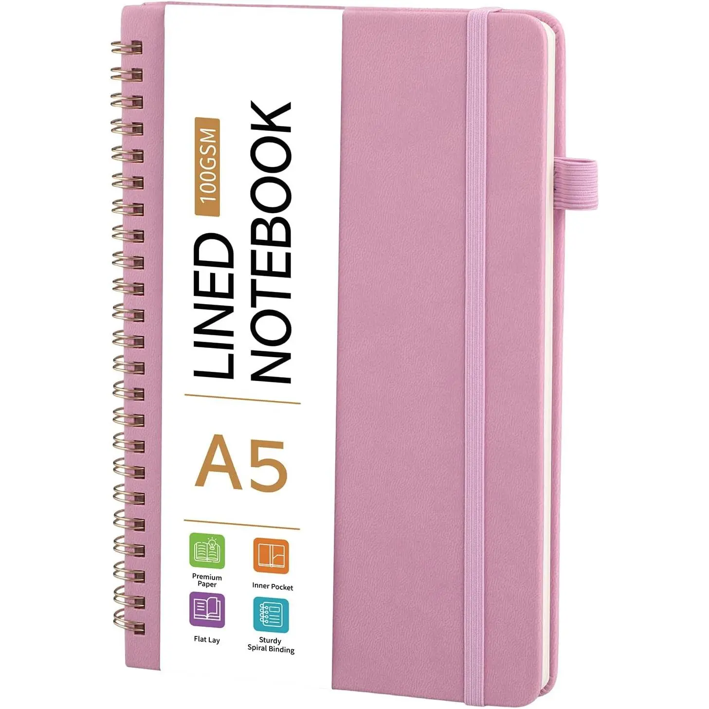 Lined Spiral Journal Notebook for Women, 160 Pages, 100 GSM,  | A5 Lay Flat Design, Inner Pocket, Elastic Closure, College Ruled Pages, for School, Work, Journaling, Office, Notes, Writing