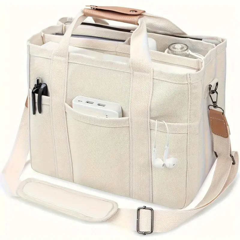 Canvas Tote Bag with Multi Pockets, Crossbody Tote Bag for Women, Shoulder Handbag, Everything Tote Bag with Compartments, Sling Purse, Lightweight Crossbody Bag, Travel Essentials
