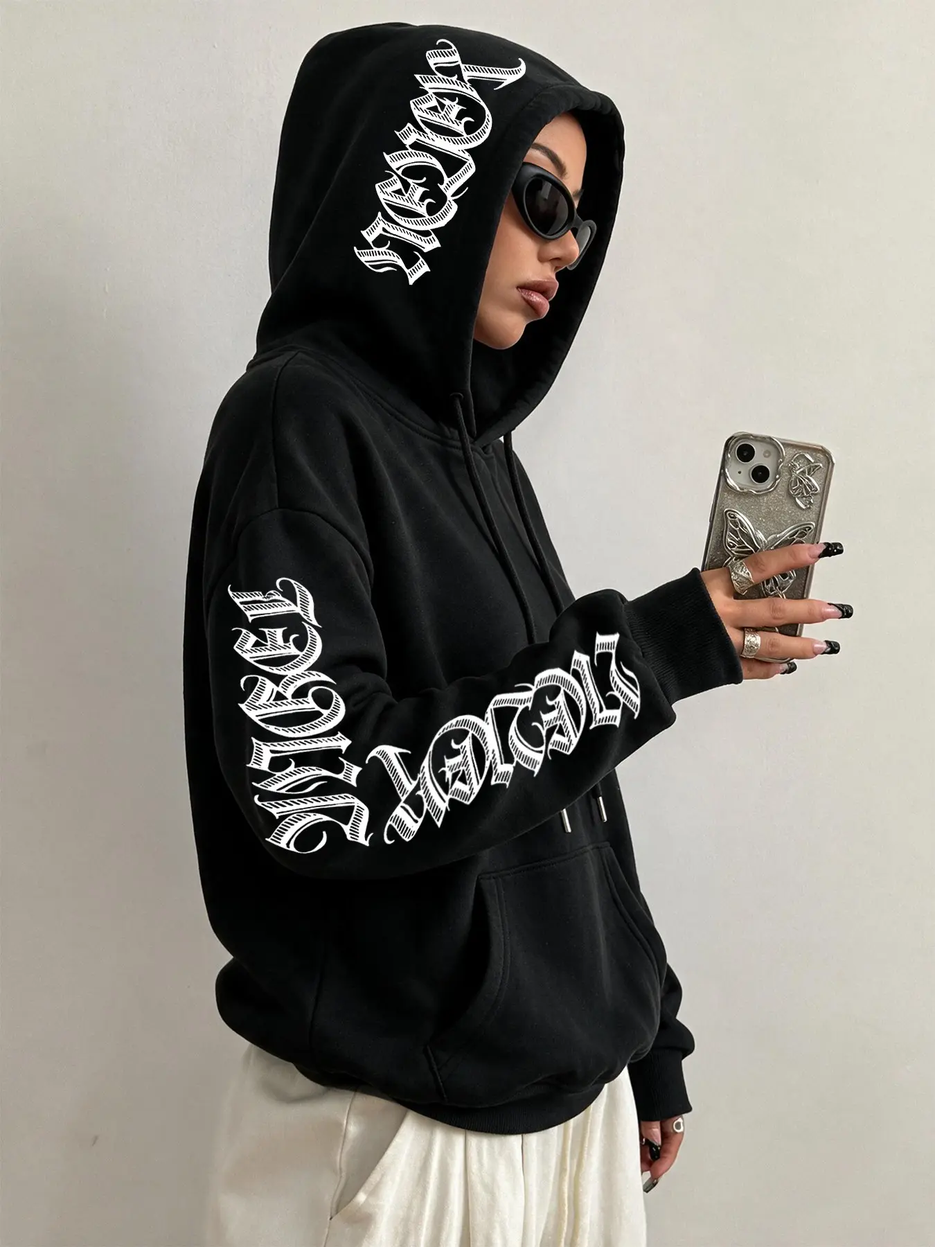 Women's Cool Side Letter‑Print Hooded Sweatshirt, American High‑street Style, Drawstring With Pockets Loose Slim‑fit Long‑sleeve Hoodie