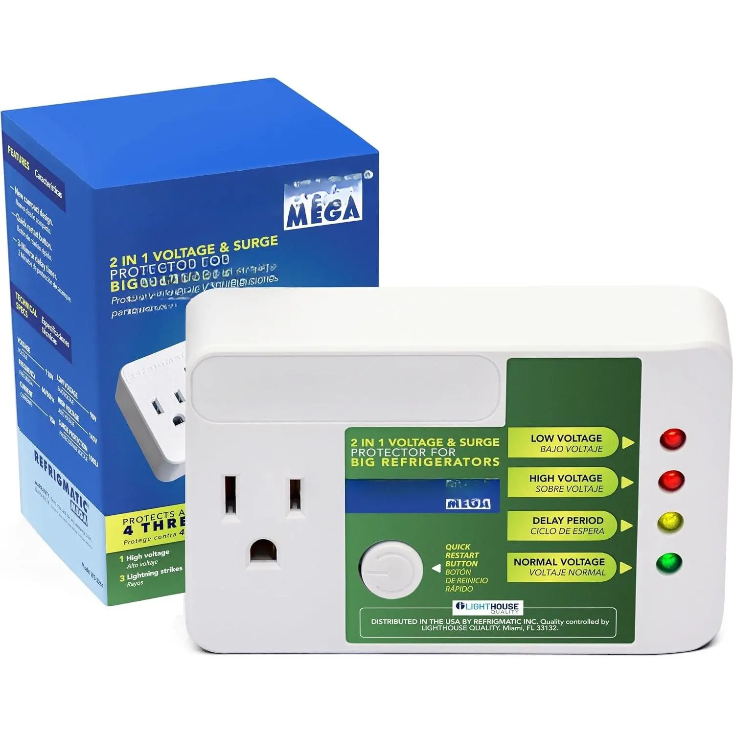 Compact Surge Guard Surge Protector for Large Refrigerators, 1005J Rating, High-Low Shut-Off, Small Footprint, Ideal for 27 cu. ft. & Larger Models, with Quick Restart Button & LED System